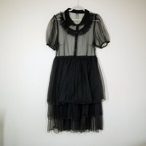Disturbia Black Sheer Mesh Tiered Midi Dress Ruffle Collar Goth Gothic Whimsical